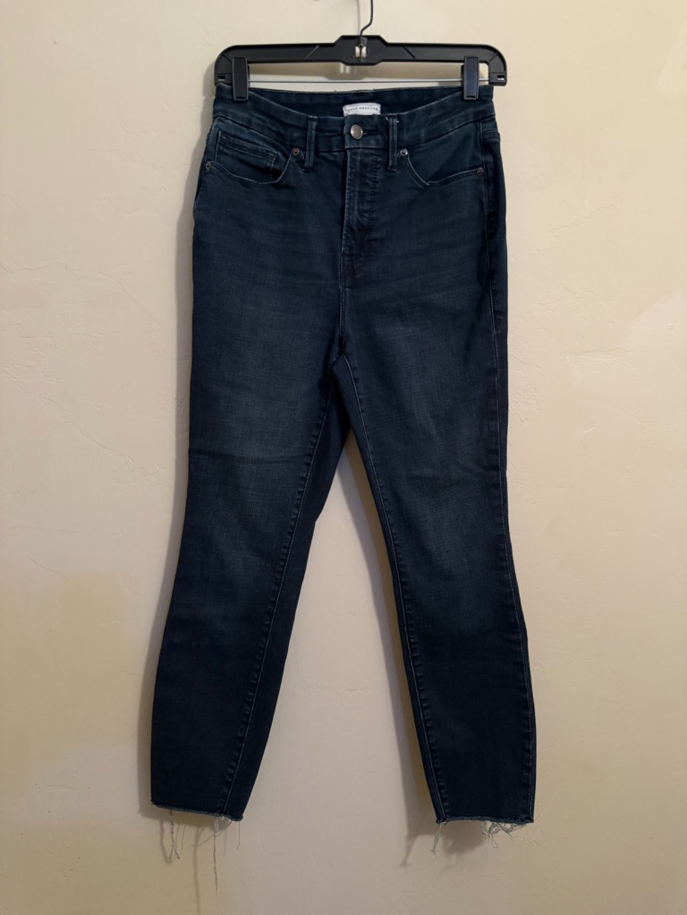 Good American Jeans Size 6 28 Dark Wash Skinny Raw Hem High Rise